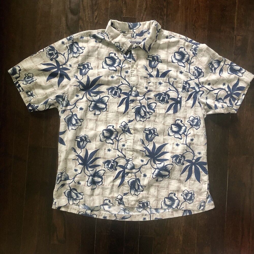 OP Ocean Pacific Hawaiian Shirt Large Floral Button Down Mens Beige Blue Vintage